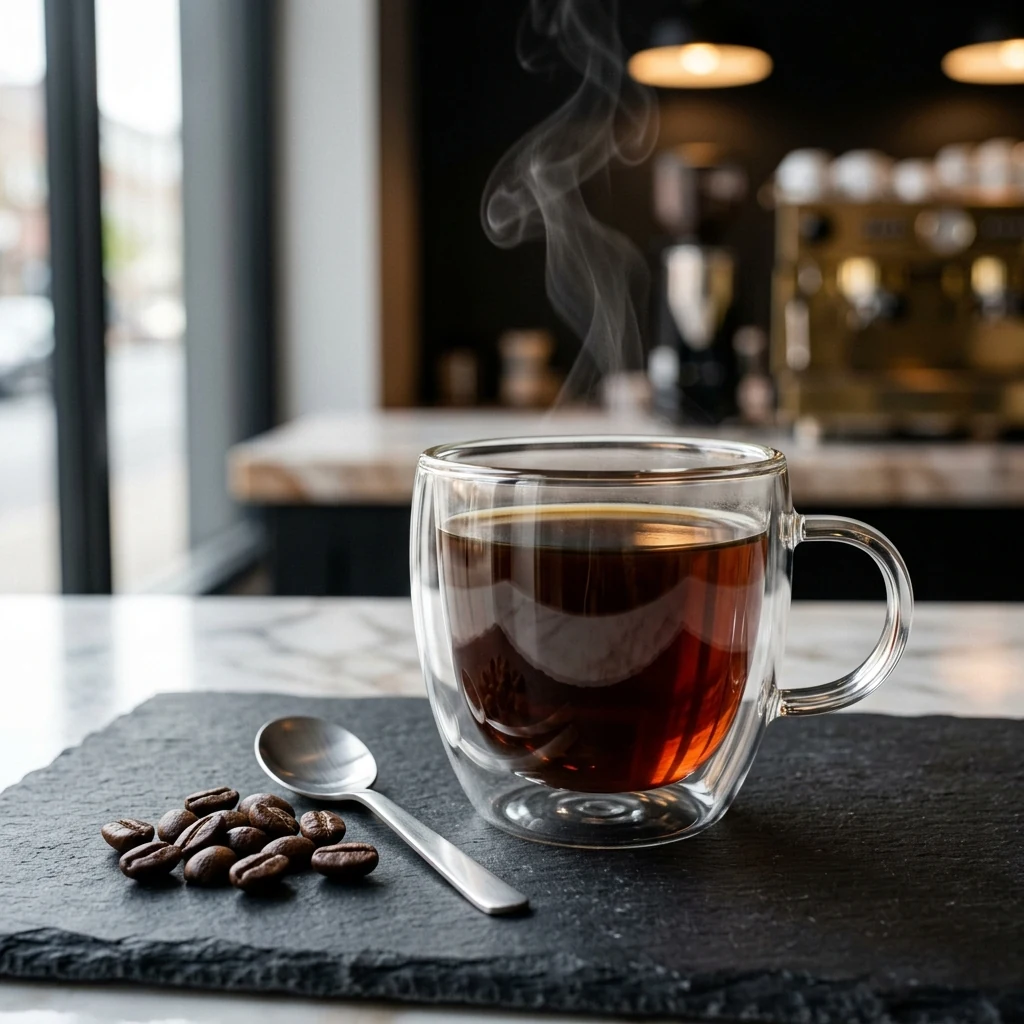 Clean pure Black Coffee in a double-walled glass cup served at ChaayShaay