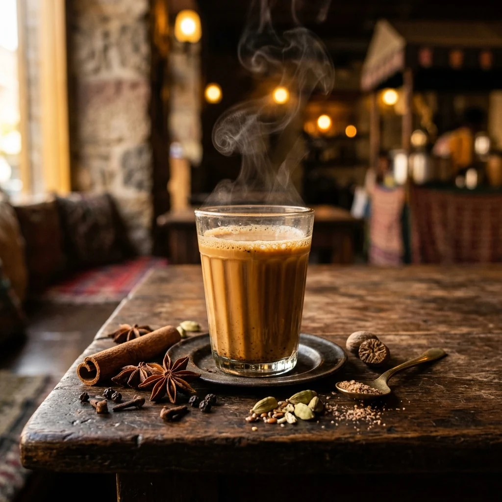 Authentic Indian Masala Chai in a cutting chai glass with whole spices at ChaayShaay