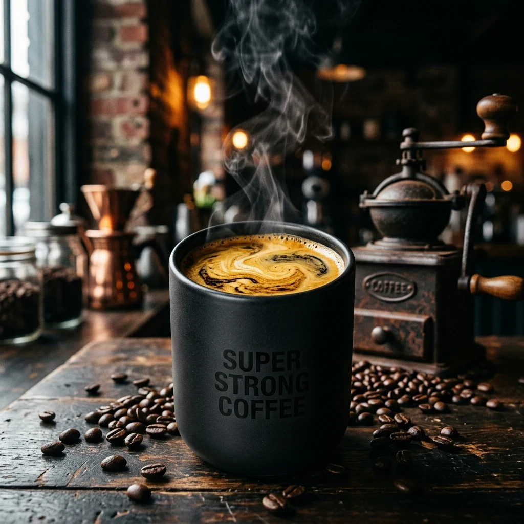 Super Strong Coffee with bold dark roast crema in a matte tumbler at ChaayShaay
